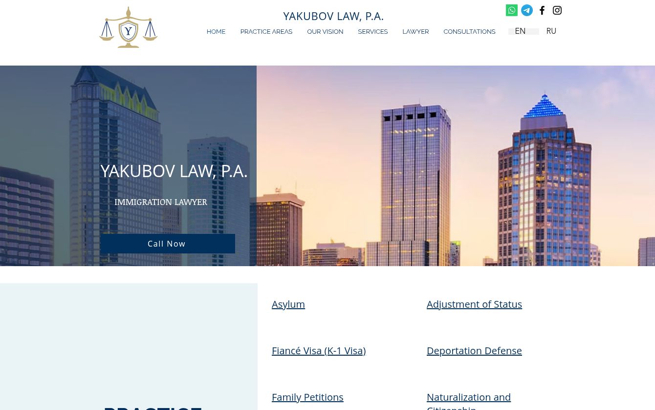 Yakubov Law homepage showing its immigration law practice
